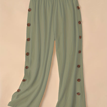 gbolsos  Side Button Wide Leg Pants, Boho Casual Pants For Spring & Summer, Women's Clothing