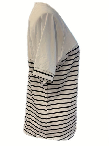 gbolsos  Stripe Print Button Decor T-shirt, Casual Crew Neck Short Sleeve T-shirt For Spring & Summer, Women's Clothing