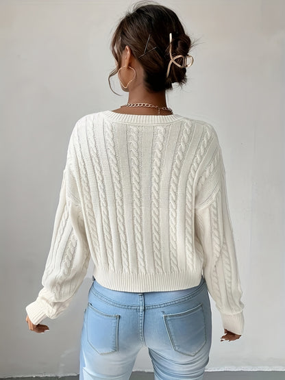 2025 gbolsos  Solid V-neck Cable Knit Sweater, Versatile Simple Long Sleeve Crop Knitted Top, Women's Clothing