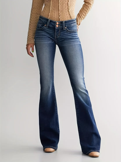 gbolsos Double Button Whiskering Flare Leg Jeans, Mid Waist Retro Faded Watter Tipple Embossed Denim Pants, Women's Denim Jeans & Clothing