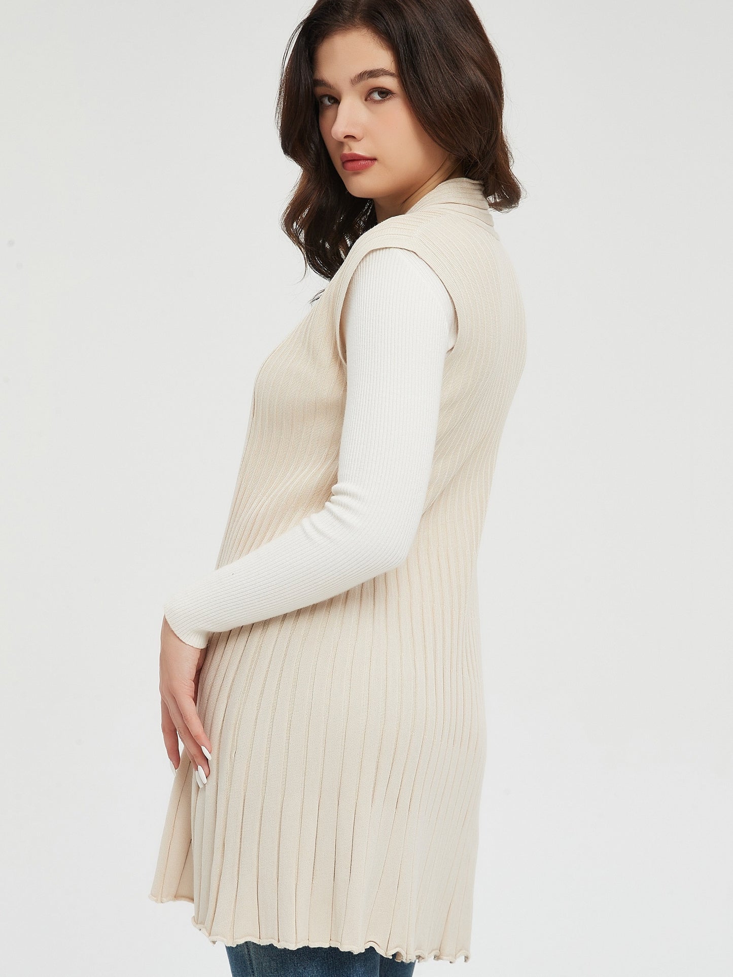 gbolsos Solid Open Front Knit Cardigan, Casual Sleeveless Pleated Sweater, Women's Clothing
