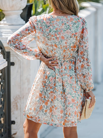 gbolsos  Floral Print Surplice Neck Dress, Elegant Long Sleeve Dress, Women's Clothing
