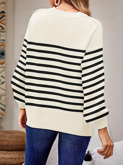 2025 gbolsos  Top Stitching Crew Neck Sweater, Vintage Long Sleeve Sweater For Fall & Winter, Women's Clothing
