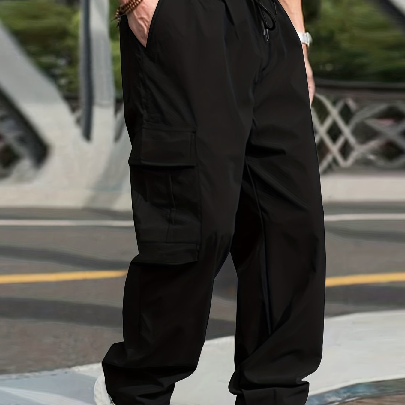 gbolsos  Trendy Solid Cargo Pants, Men's Multi Flap Pocket Trousers, Loose Casual Outdoor Baggy Pants, Men's Work Pants Outdoors Streetwear Hip Hop Style