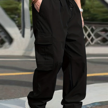 gbolsos  Trendy Solid Cargo Pants, Men's Multi Flap Pocket Trousers, Loose Casual Outdoor Baggy Pants, Men's Work Pants Outdoors Streetwear Hip Hop Style