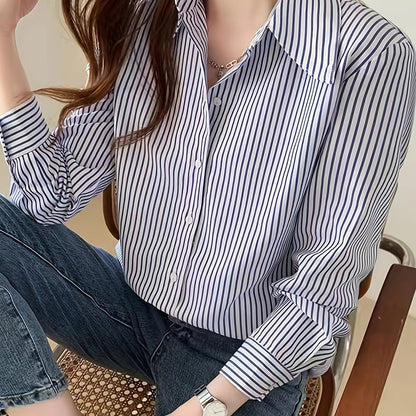 gbolsos  Stripe Print Polo Collar Shirt, Casual Long Sleeve Shirt For Spring & Fall, Women's Clothing