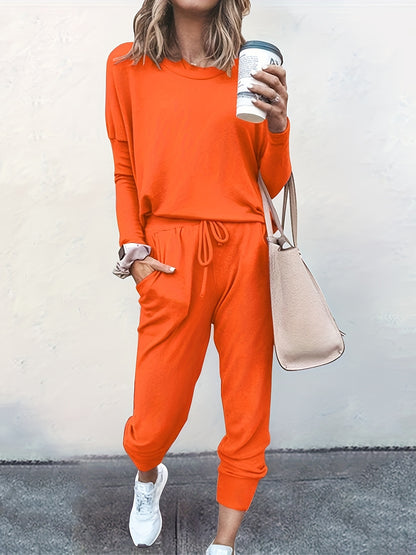gbolsos  Casual Solid Two-piece Set, Long Sleeve T-shirt & Drawstring Pants Outfits, Women's Clothing