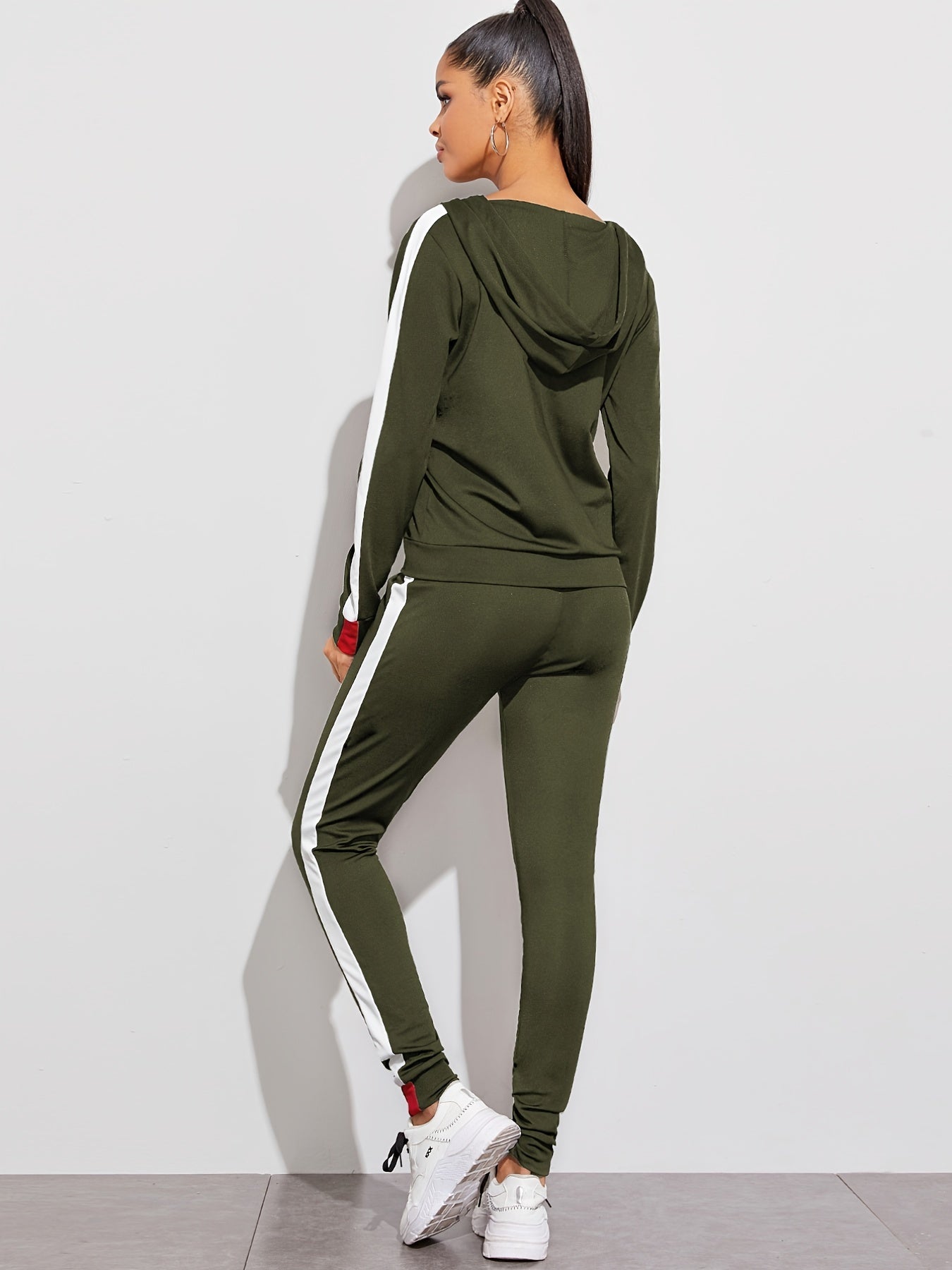 Casual 2pc Set, Zip Up Hoodies Sweatshirt & High Waist Side Striped Sweatpants, Women's Clothing