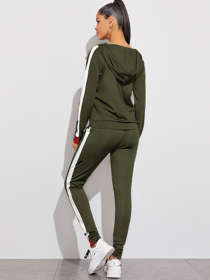 Casual 2pc Set, Zip Up Hoodies Sweatshirt & High Waist Side Striped Sweatpants, Women's Clothing