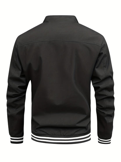 gbolsos  Classic Design Bottom Striped Jacket, Men's Casual Zip Up Stand Collar Jacket For Spring Fall