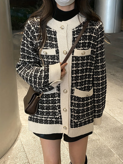gbolsos  Preppy Plaid Pattern Button Up Pocket Cardigan, Casual Long Sleeve Cardigan For Fall & Winter, Women's Clothing