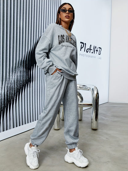 gbolsos  Casual Workout Two-piece Set, Letter Print Long Sleeve Tops & Long Length Solid Jogger Pants Outfits, Women's Clothing