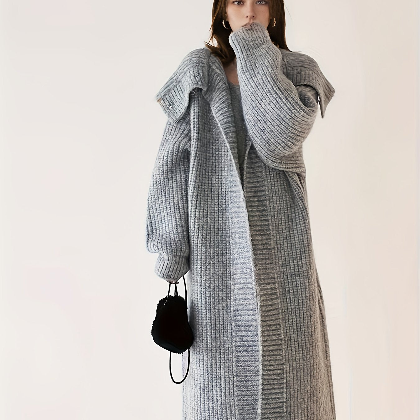 gbolsos  Solid Open Front Sweater Cardigan, Casual Long Sleeve Cardigan For Fall & Winter, Women's Clothing