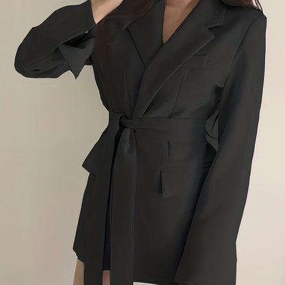 gbolsosSolid Tie-waist Lapel Blazer, Elegant Long Sleeve Outerwear For Work & Office, Women's Clothing