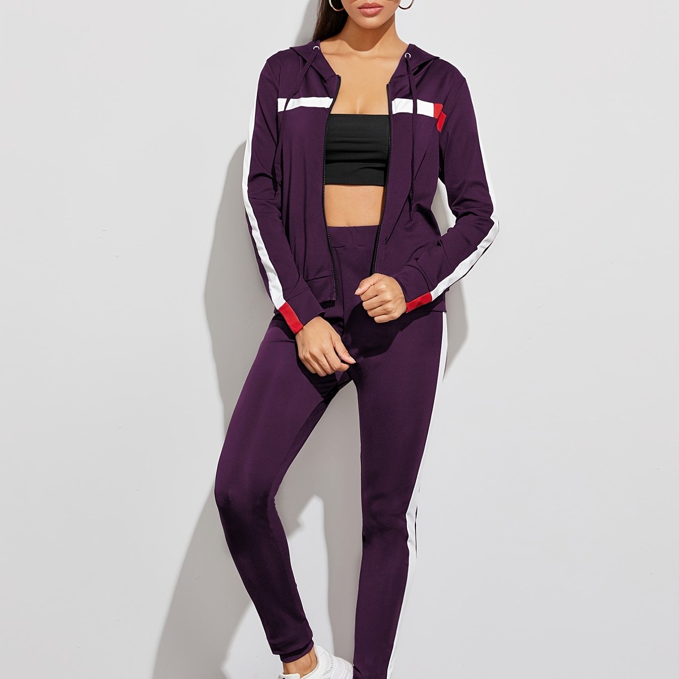 Casual 2pc Set, Zip Up Hoodies Sweatshirt & High Waist Side Striped Sweatpants, Women's Clothing