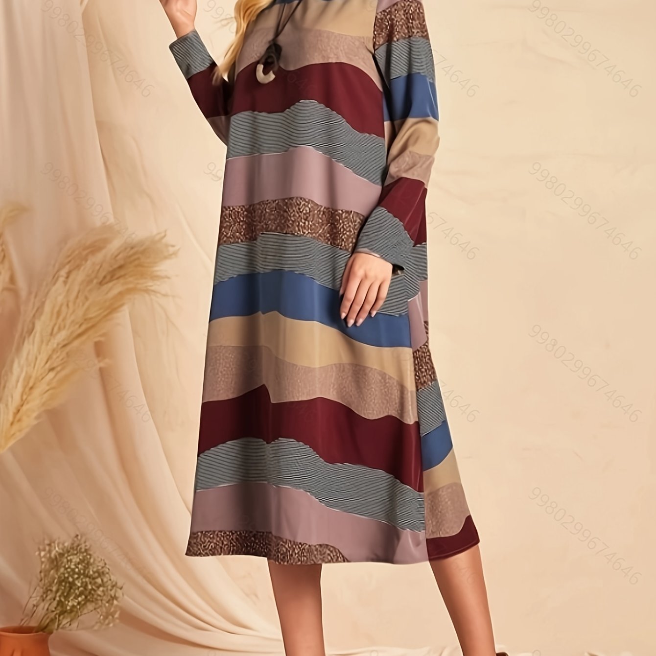 gbolsos Striped Crew Neck Dress, Elegant Long Sleeve Dress For Spring & Fall, Women's Clothing
