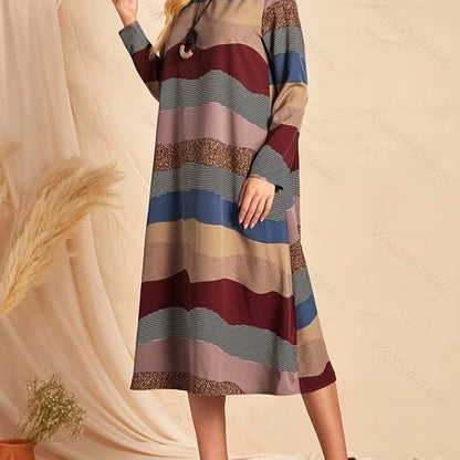 gbolsos Striped Crew Neck Dress, Elegant Long Sleeve Dress For Spring & Fall, Women's Clothing