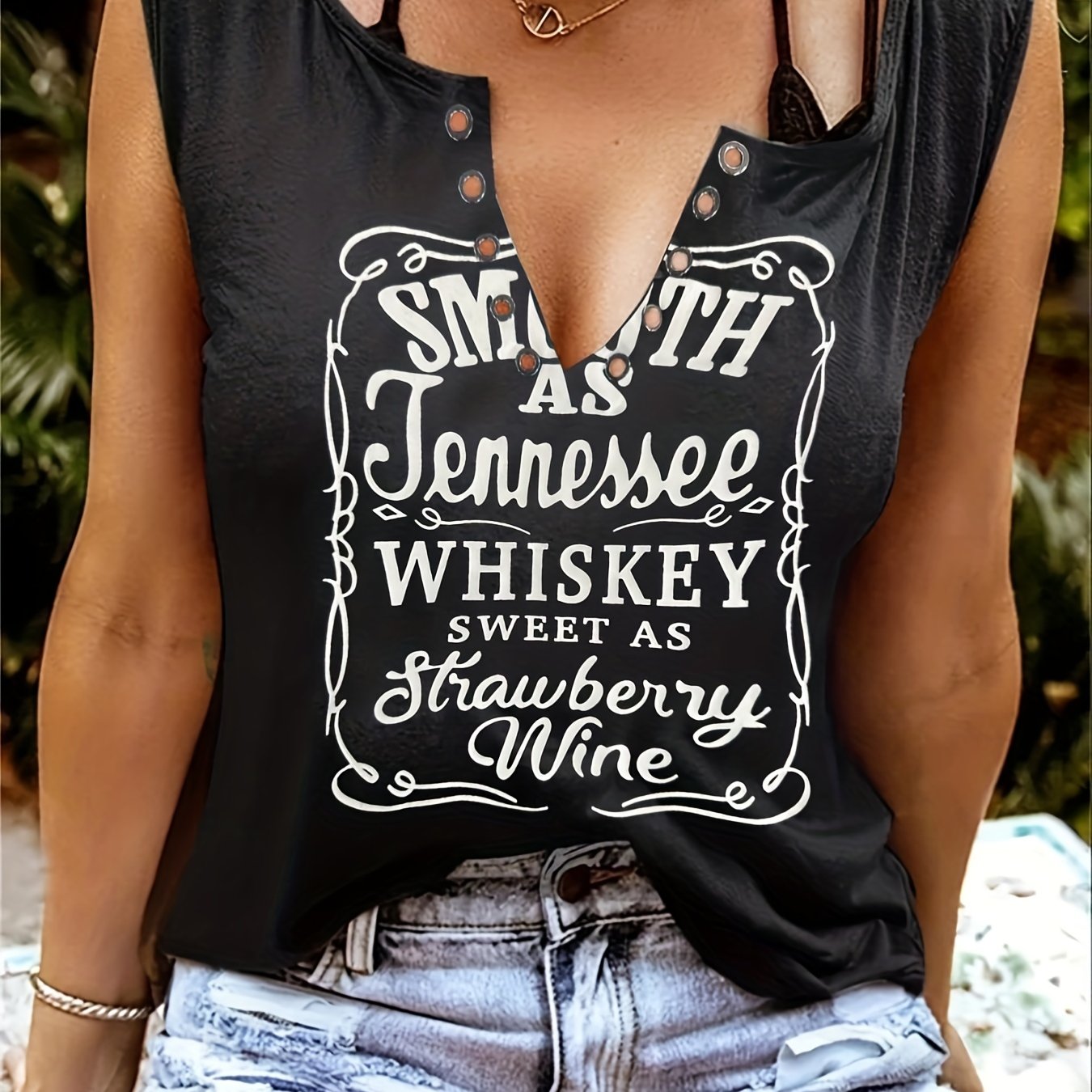 gbolsos  Whiskey Letter Print T-Shirt, Sleeveless Casual Every Day Top For Spring & Summer, Women's Clothing