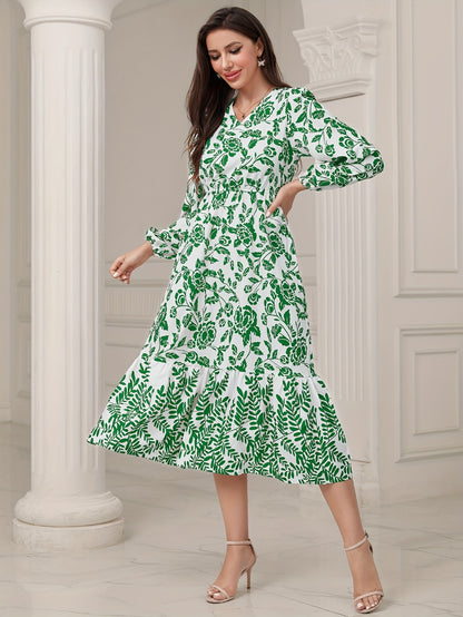 gbolsos  Floral & Leaves Print V-neck Dress, Elegant Elastic Waist Long Sleeve Dress For Spring & Fall, Women's Clothing