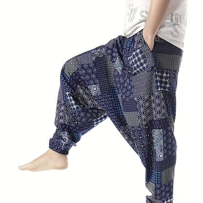 gbolsos Ethnic Pattern Vintage Cotton Harem Pants, Men's Casual Drop Crotch Jogging Harem Pants For Spring Summer