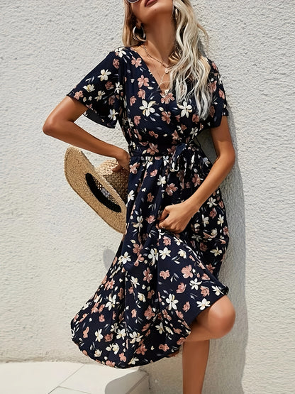 gbolsos  Floral Print V Neck Dress, Boho Short Sleeve Midi Dress, Women's Clothing