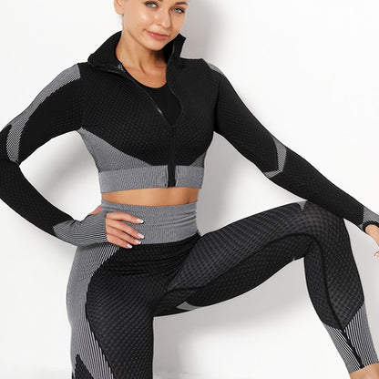 gbolsos  2pcs Seamless Knitting Suits, Full Zipper Long Sleeve Thumb Hole Cropped Top & Slimming High Waist Leggings Set, Women's Activewear
