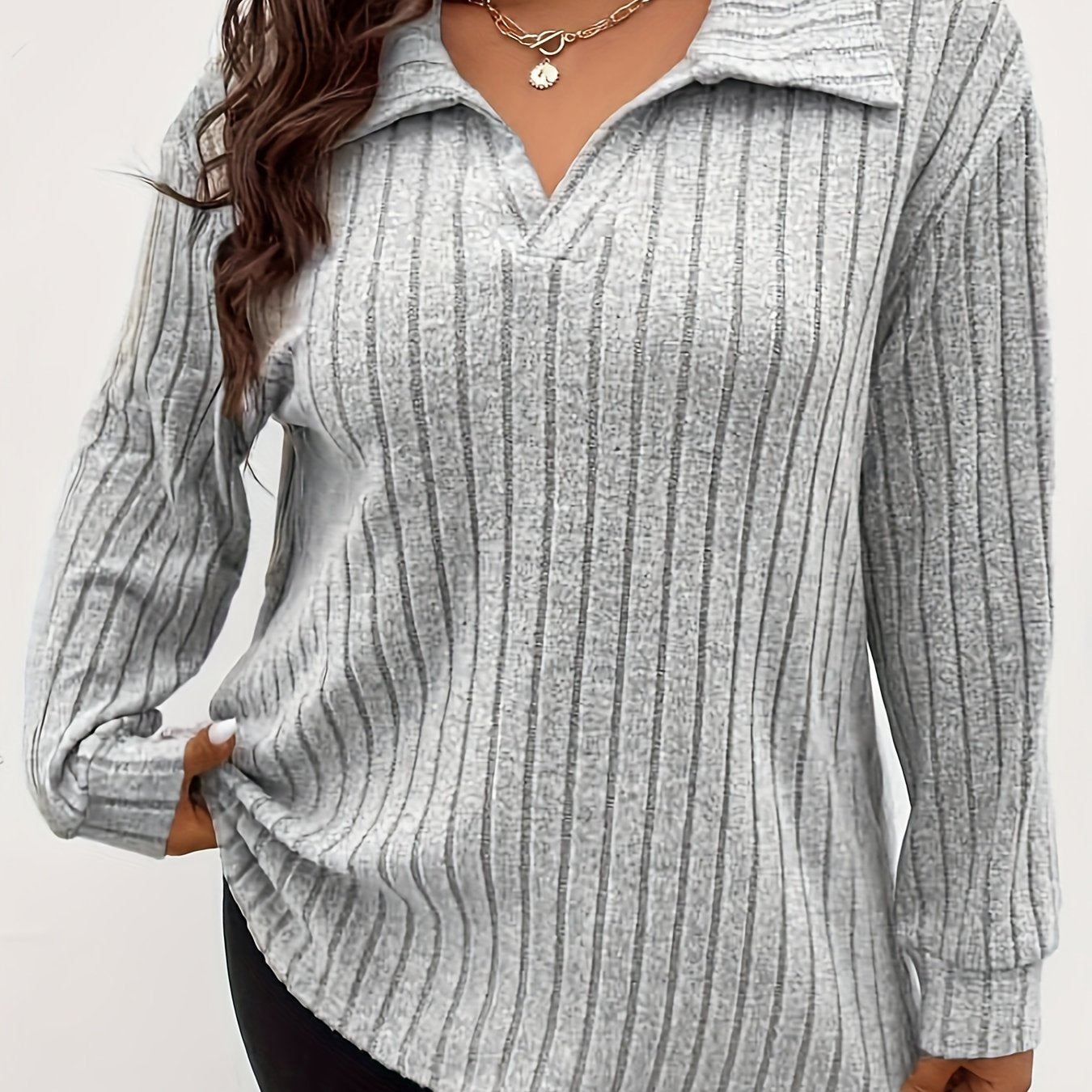Plus Size Solid Ribbed T-Shirt, Casual Lapel Long Sleeve T-Shirt, Women's Plus Size Clothing