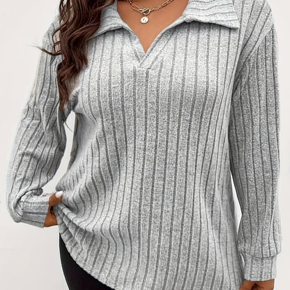Plus Size Solid Ribbed T-Shirt, Casual Lapel Long Sleeve T-Shirt, Women's Plus Size Clothing