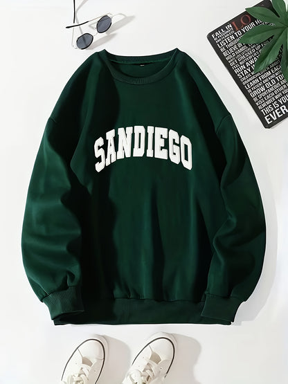 gbolsos  Sandiego Letter Print Sweatshirt, Casual Crew Neck Long Sleeve Sweatshirt, Women's Clothing