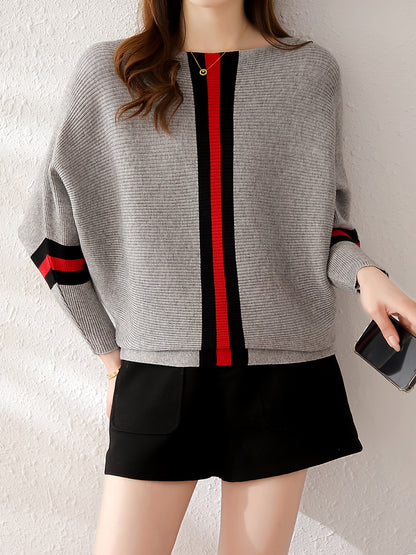 gbolsos  Color Block Boat Neck Knit Sweater, Elegant Long Sleeve Sweater, Women's Clothing