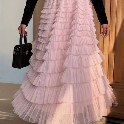 Multilayer Ruffles Tulle Skirt, Casual Fluffy Skirt For Spring & Summer, Women's Clothing