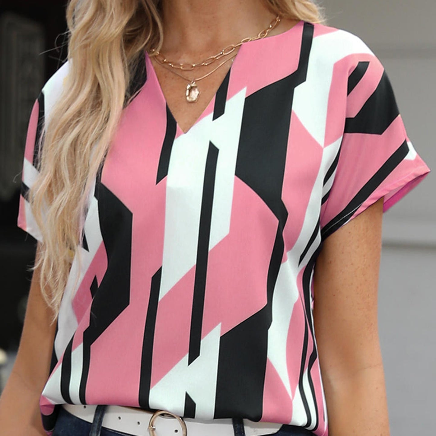 gbolsos Color Block Graphic Print Blouse, Casual Notched Neck Short Sleeve Blouse, Women's Clothing