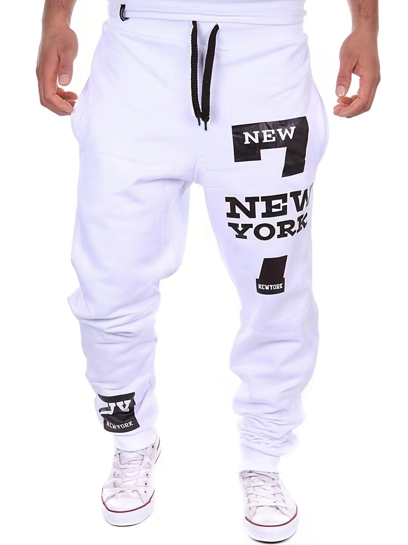 gbolsos "New York" Print Tapered Joggers, Men's Casual Stretch Waist Drawstring Sweatpants For All Seasons