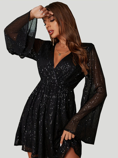 Homecoming Sequined Flare Sleeve V-neck Dress, Elegant Midi Dress For Club & Party, Women's Clothing