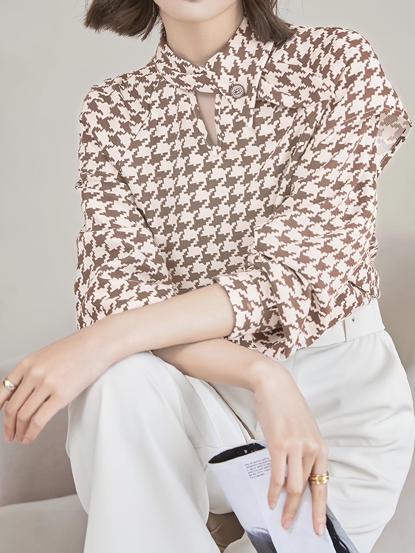 gbolsos  Houndstooth Print Shirt, Elegant Stand Collar Long Sleeve Shirt, Women's Clothing