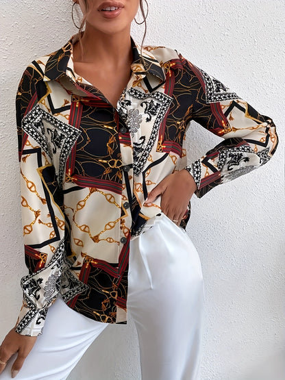 gbolsos  Chain Print V-neck Loose Lapel Blouses, Casual Button Down Long Sleeve Fashion Shirts Tops, Women's Clothing
