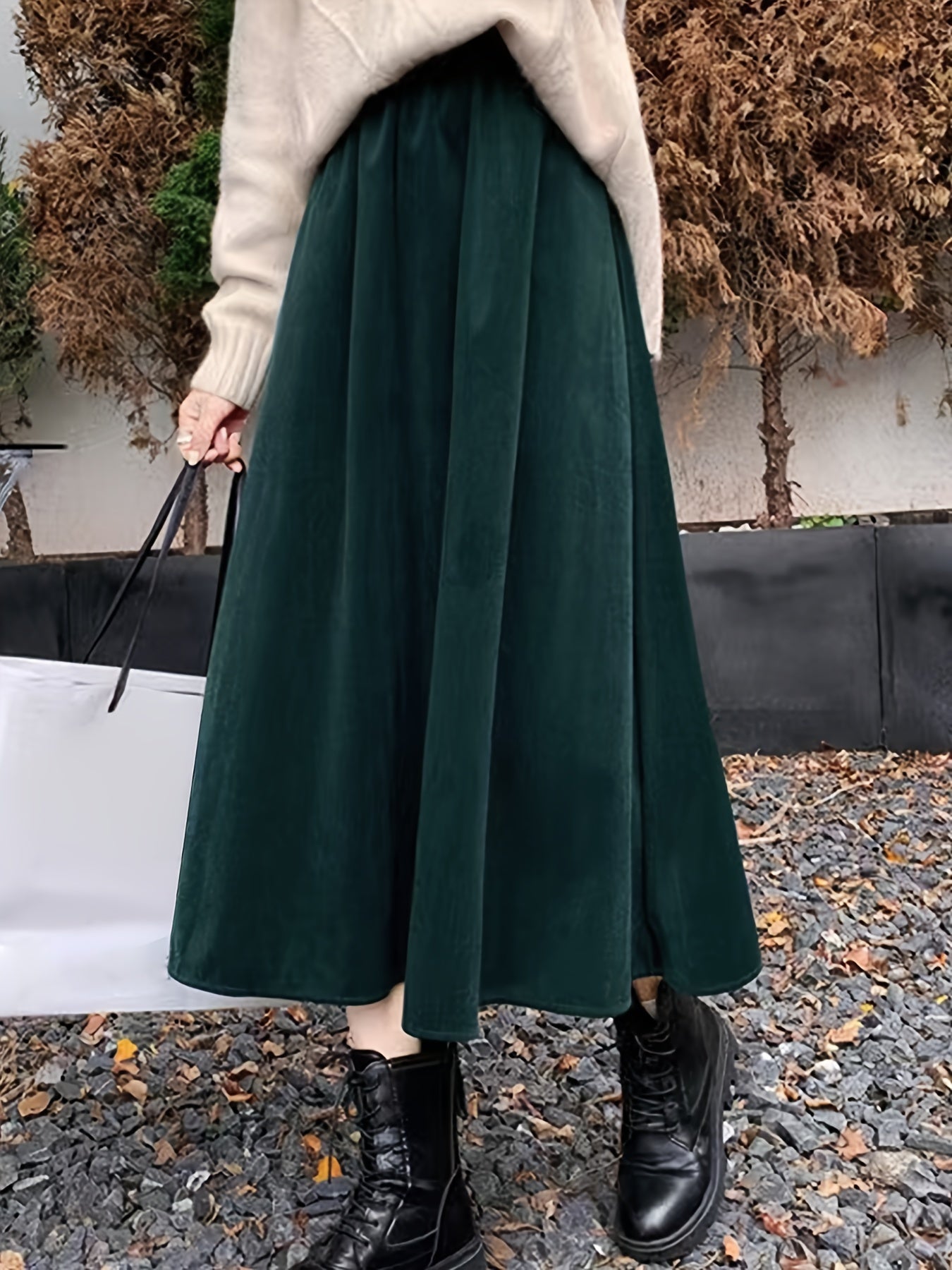 gbolsos  Plus Size Casual Skirt, Women's Plus Solid Elastic High Rise Swing Maxi Skirt With Pockets