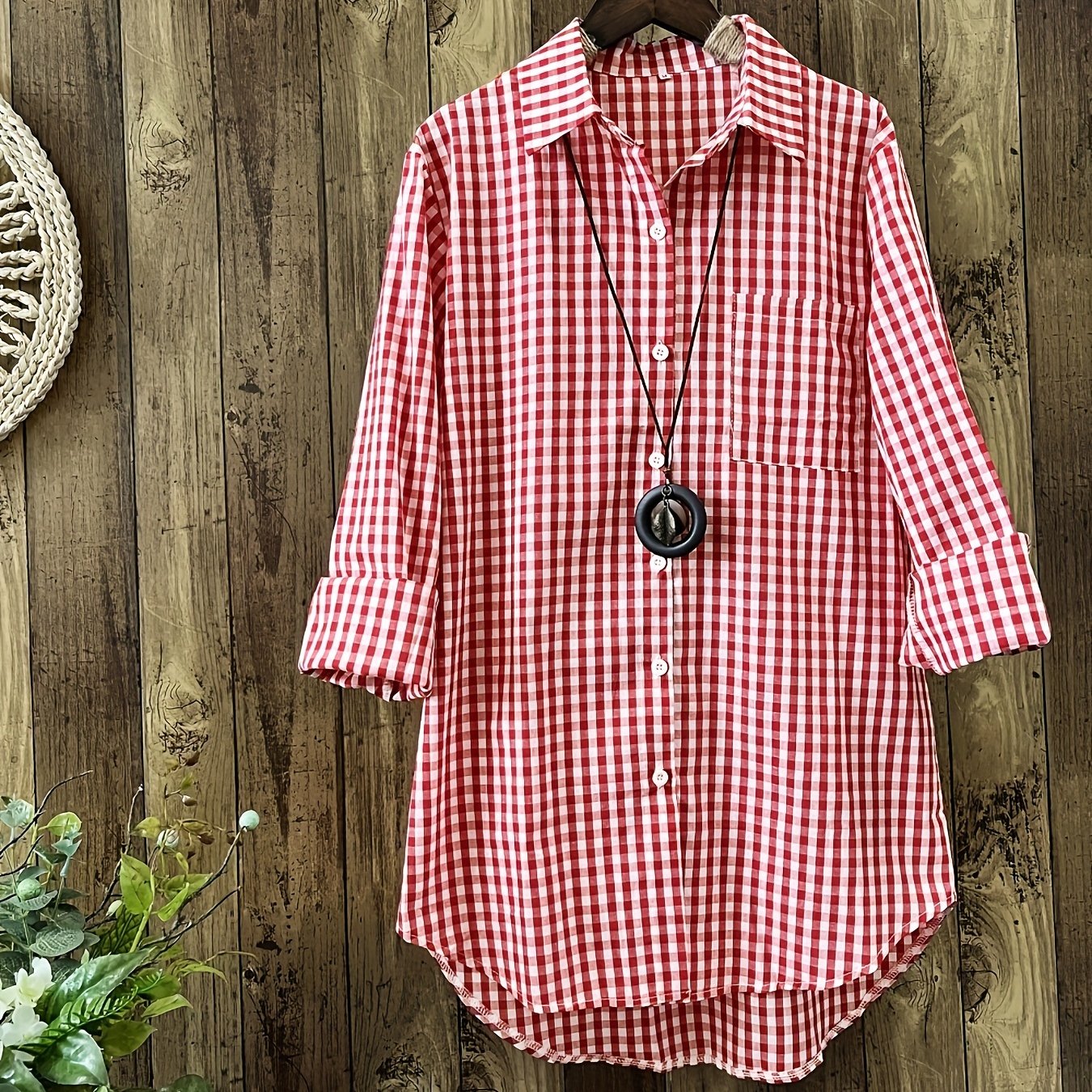 Gingham Print Shirt, Casual Button Front Long Sleeve Hem Acr Shirt With A Collar, Women's Clothing