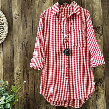Gingham Print Shirt, Casual Button Front Long Sleeve Hem Acr Shirt With A Collar, Women's Clothing