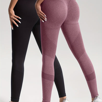 gbolsos  2pcs Solid Color High-Stretch Fitness Yoga Sports Leggings, Soft Breathable Yoga Tight Pants, Women's Activewear