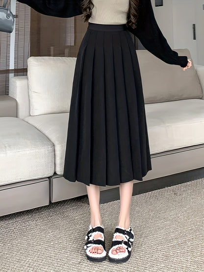 gbolsos  Solid High Waist Skirt, Elegant Pleated Midi Draped Skirt, Women's Clothing