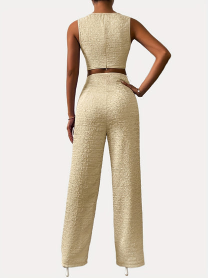 gbolsos  Casual Solid Two-piece Set, Tassel Sleeveless Crew Neck Tops & Wide Leg Pants Outfits, Women's Clothing