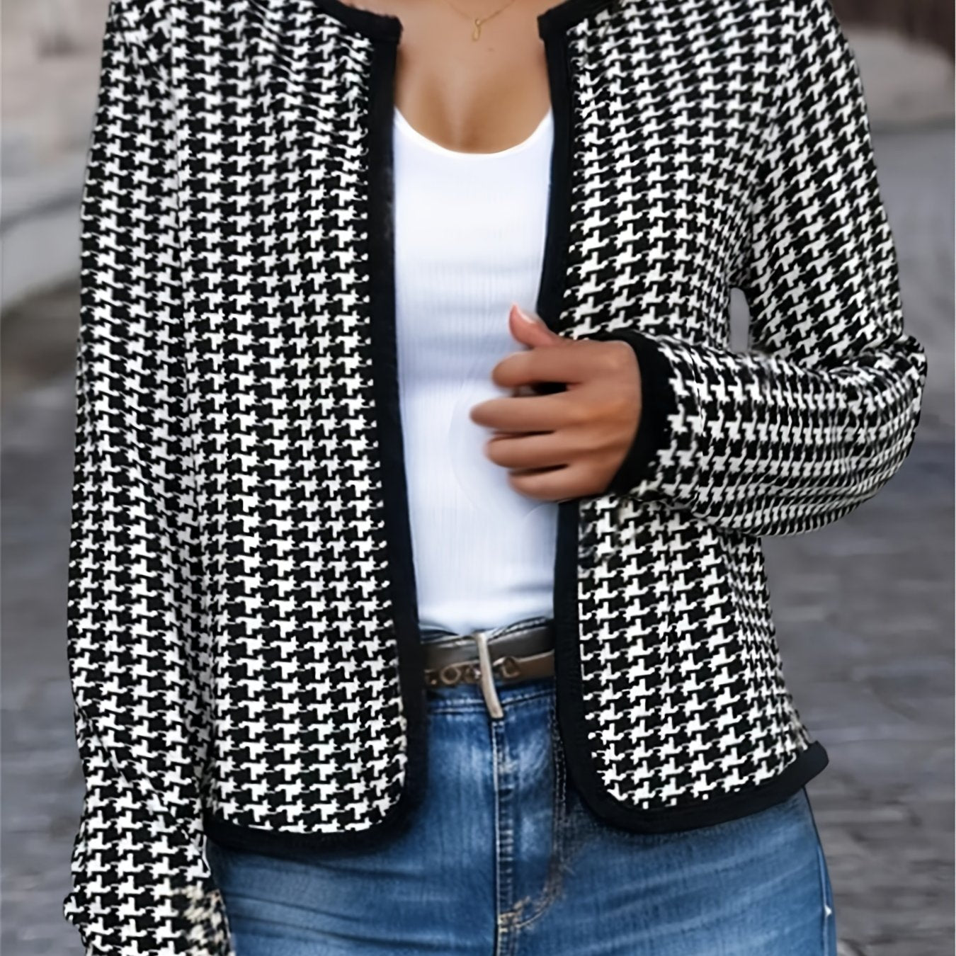 gbolsos Houndstooth Print Jacket, Casual Open Front Crew Neck Long Sleeve Outerwear, Women's Clothing