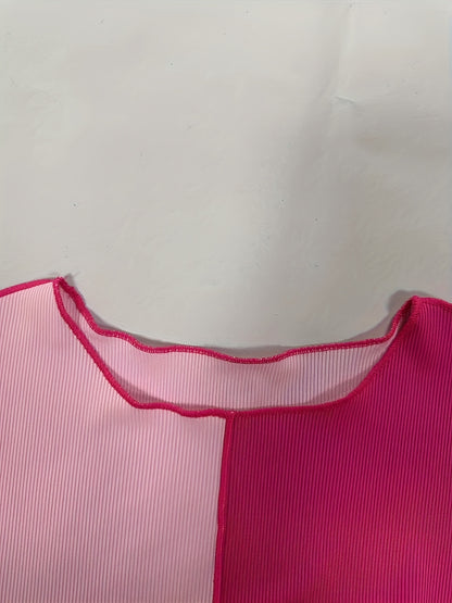 gbolsos  Colorblock Crew Neck Crop T-Shirt, Casual Long Sleeve Top For Spring & Fall, Women's Clothing