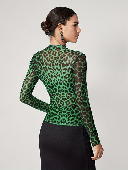 gbolsos  Leopard Print Crew Neck T-Shirt, Y2K Long Sleeve Skinny T-Shirt For Every Day, Women's Clothing