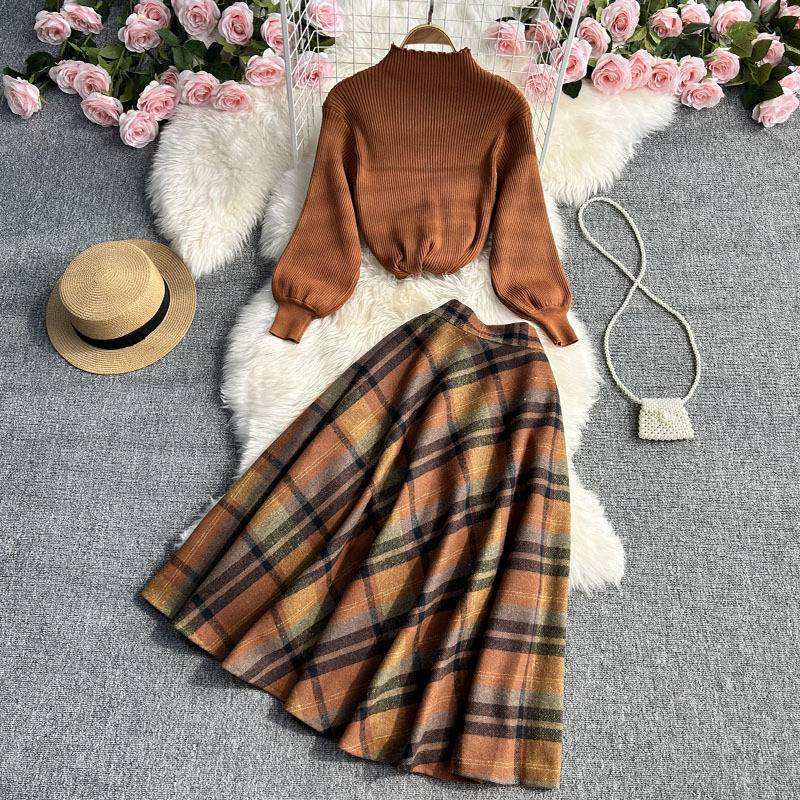 Elegant Two-piece Dress Set, Textured Crop Top & Plaid Aline Swing Dress Outfits, Women's Clothing