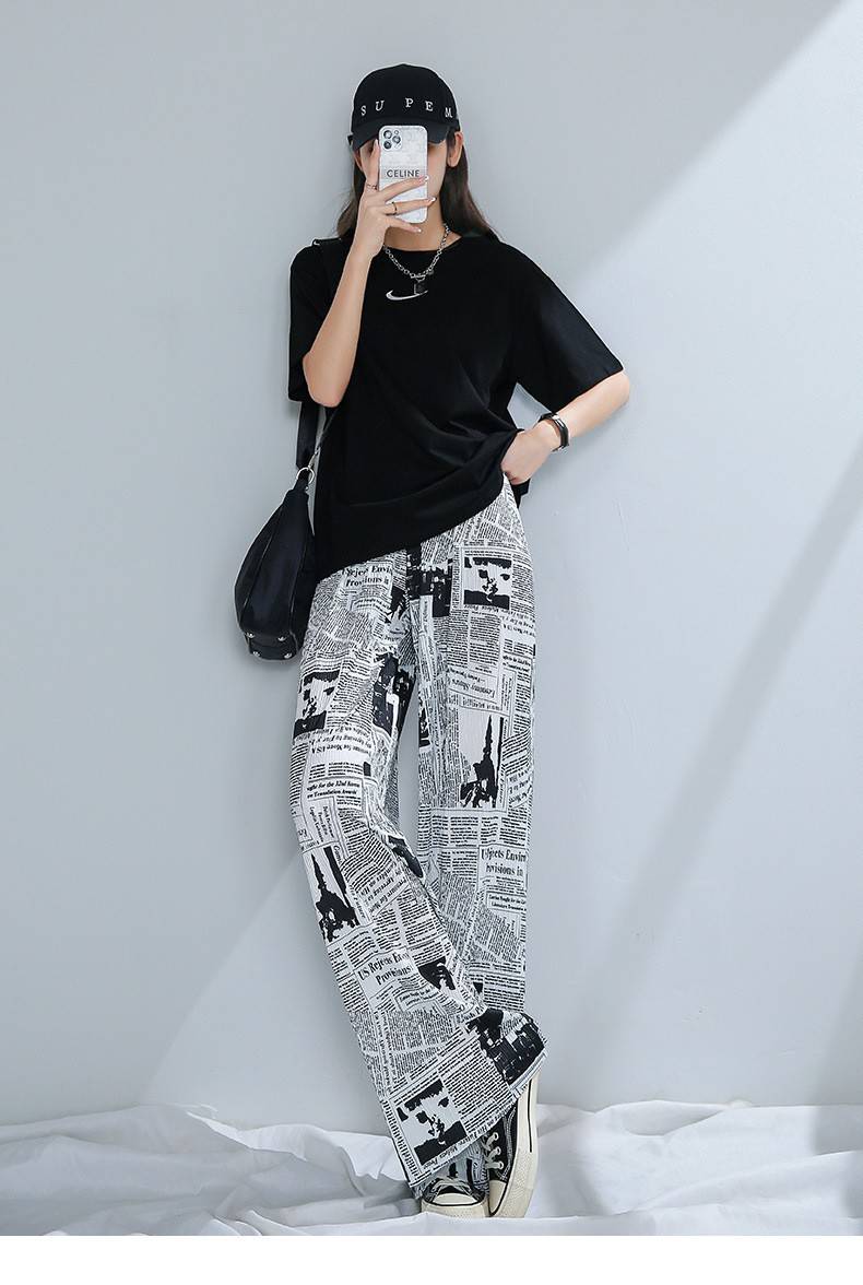 Gbolsos Woman Fashion Beige Print Straight Pants Spring Chic High Waisted Button Pants Girls Cool Streetwear Patchwork Trousers