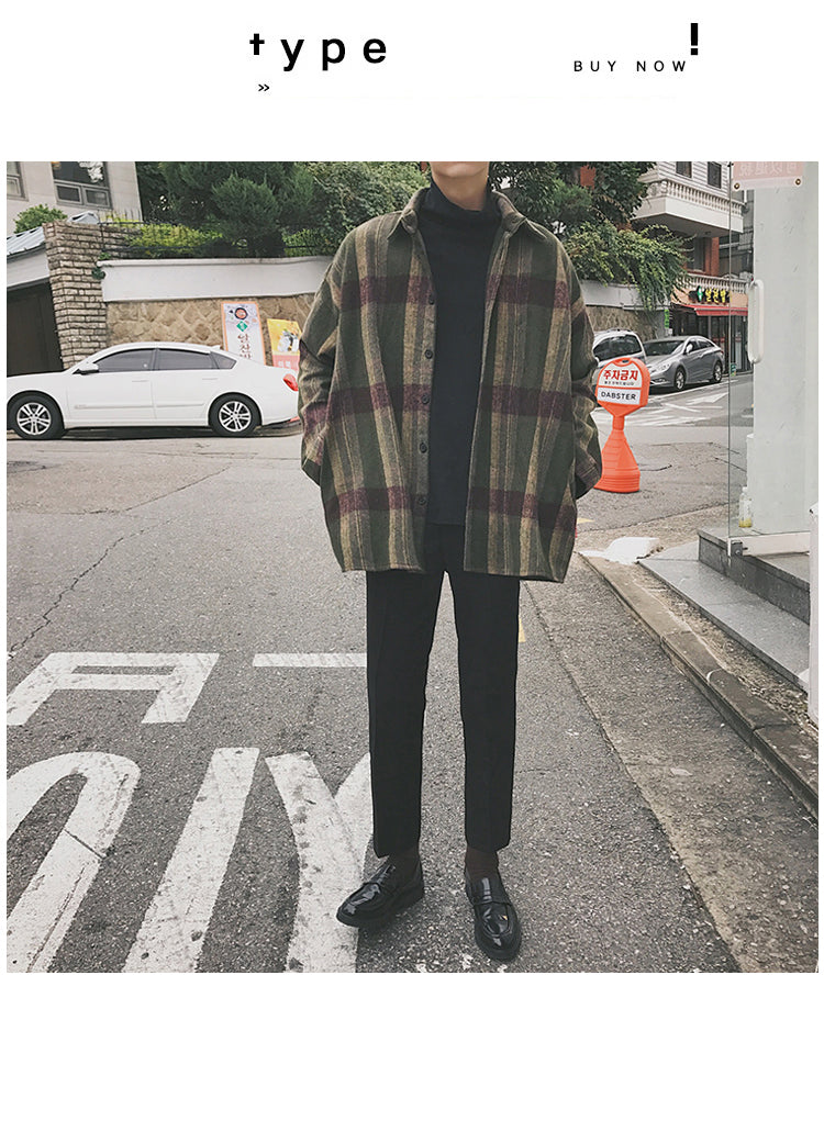 Gbolsos2021 New Fashion Men Plaid Shirt Casual Loose Wool Jacket Coat Men Long Sleeve Shirt Mens Clothing Streetwear