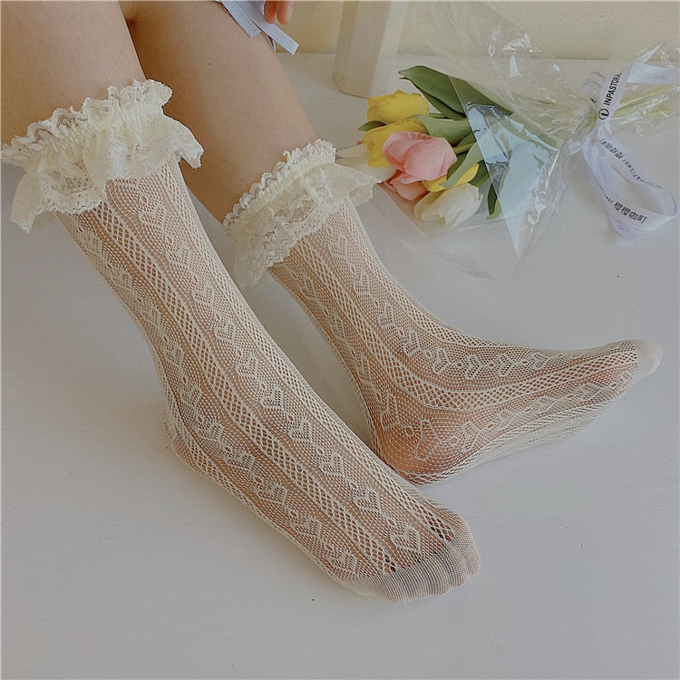 Gbolsos 3 Colors.Women's Thin Lolita Princess Lace Socks.Vintage Ladies Girl's Love Heart Jacquard Princess Socks Female Hosiery Sox