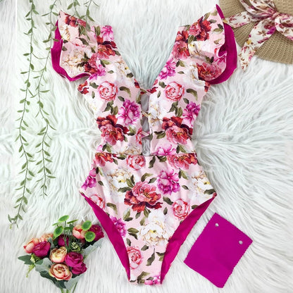 New Sexy Ruffle Print Floral One Piece Swimsuit Off The Shoulder Swimwear Women Solid Deep-V Beachwear Bathing Suit Monkini
